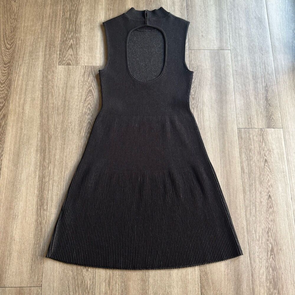 Theory Black Ribbed Knit Stretch Sleeveless Fit & Flare Dress Small Cutout Metal - Picture 3 of 16